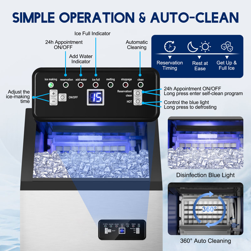 Velivi 120 Lb. Daily Production Cube Clear Ice Freestanding Ice Maker